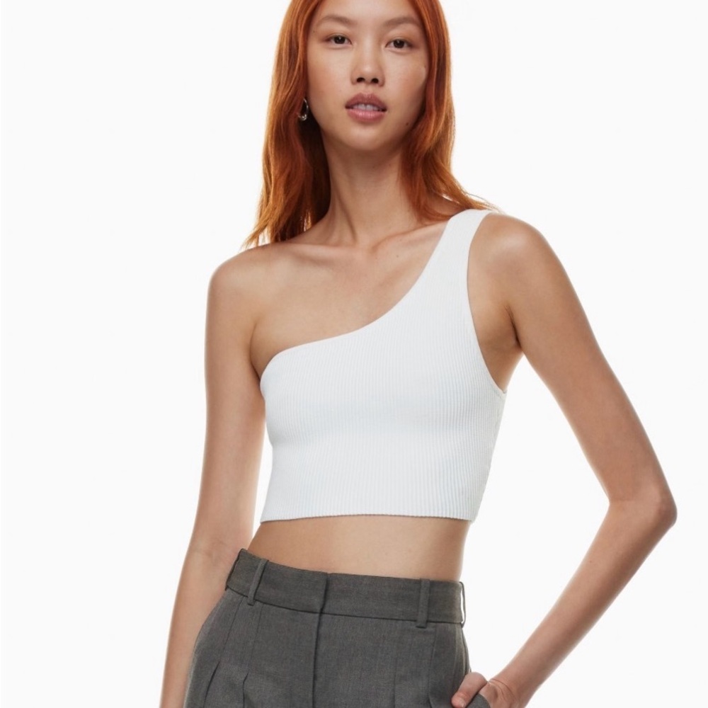 Babaton White Asymmetrical Ribbed Crop Top